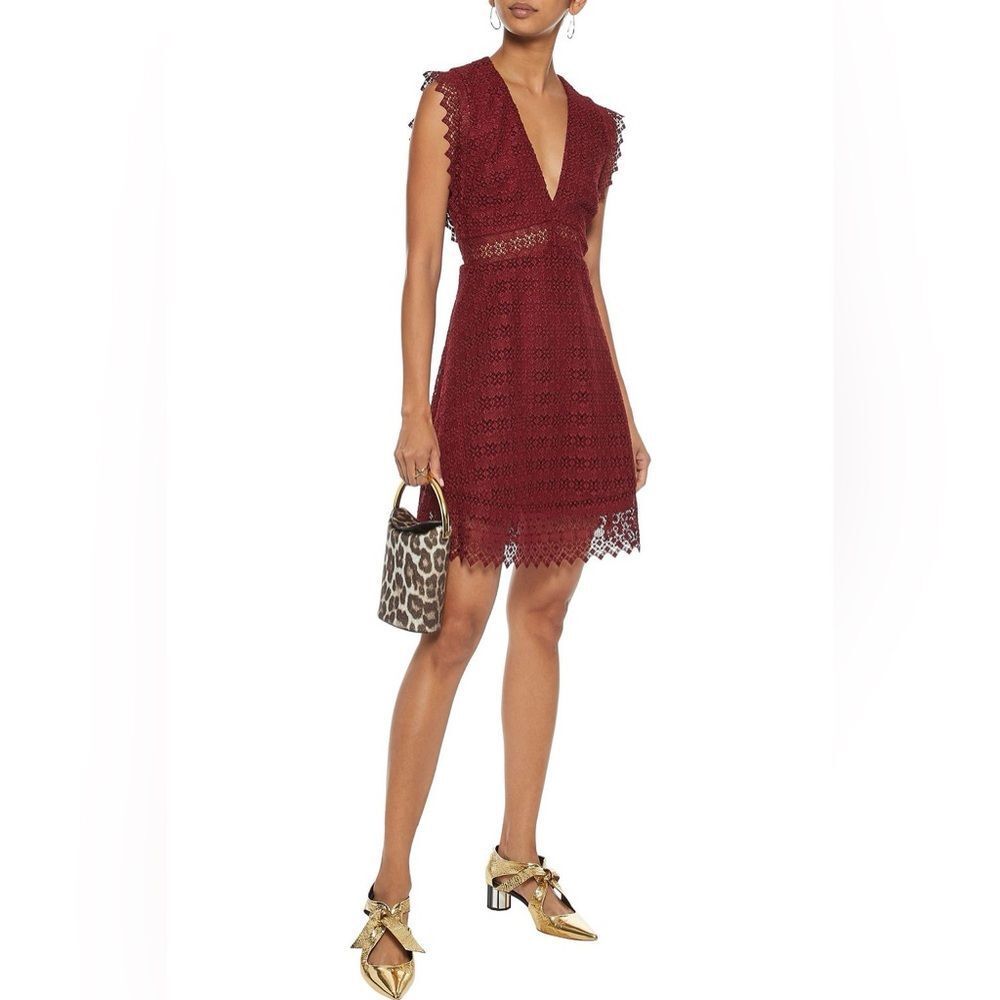Sandro Bordeaux Burgundy Lace Lindsey V-Neck Mini Dress, Size Large‎